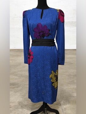 Royal Blue Vintage Long-Sleeve Floral Sheath Dress with Waist Tie - 100% Silk